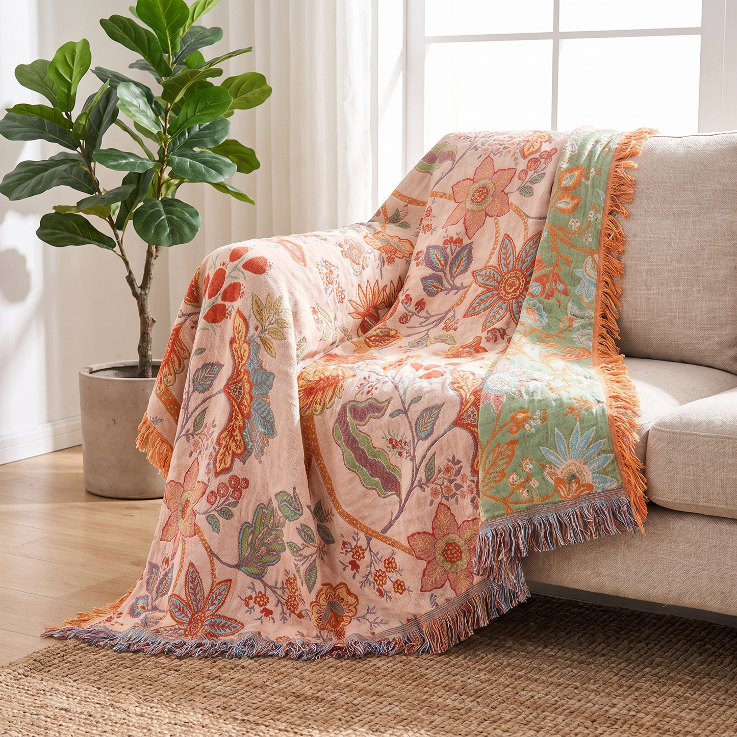 Boho Bliss | Cotton Floral Throw Blanket with Playful Fringe | Cozy Home Decor for Relaxation