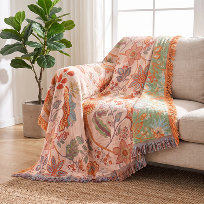 Boho Bliss | Cotton Floral Throw Blanket with Playful Fringe | Cozy Home Decor for Relaxation