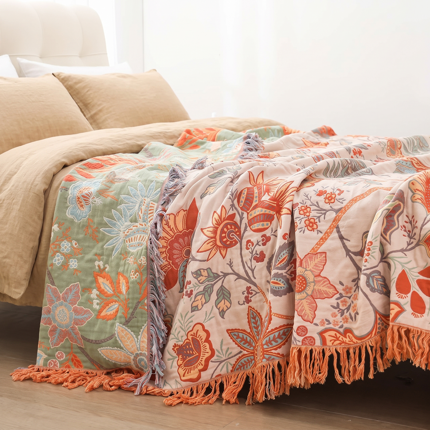 Boho Bliss | Cotton Floral Throw Blanket with Playful Fringe | Cozy Home Decor for Relaxation