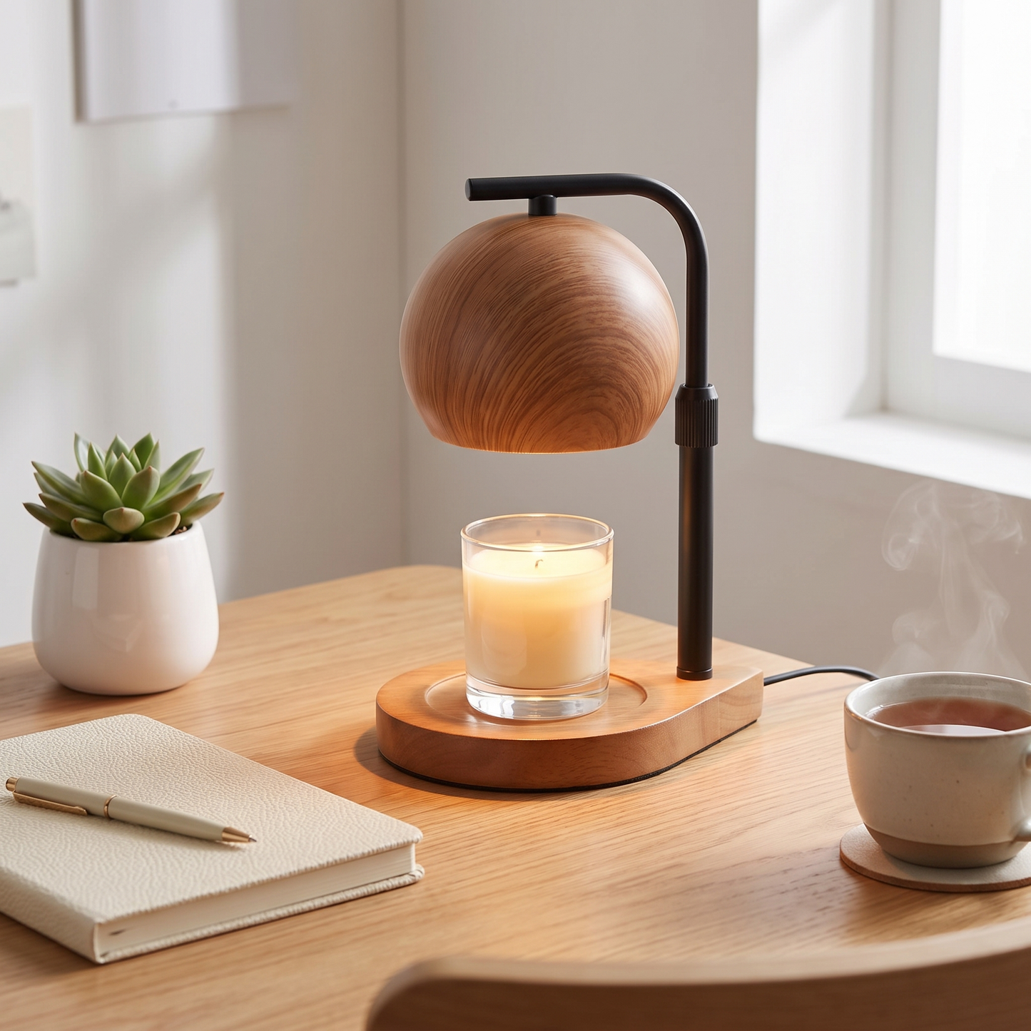 TimberGlow | Elegant Adjustable Wooden Candle Warmer Lamp