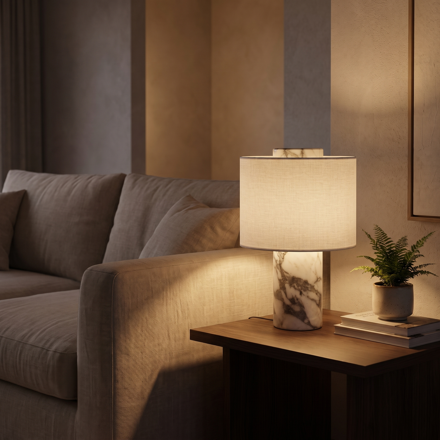 Elegant Cordless Marble Table Lamp with Linen Shade