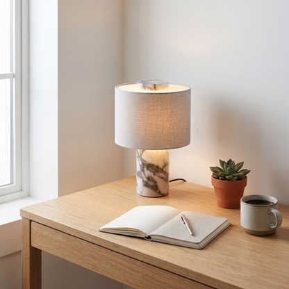Elegant Cordless Marble Table Lamp with Linen Shade