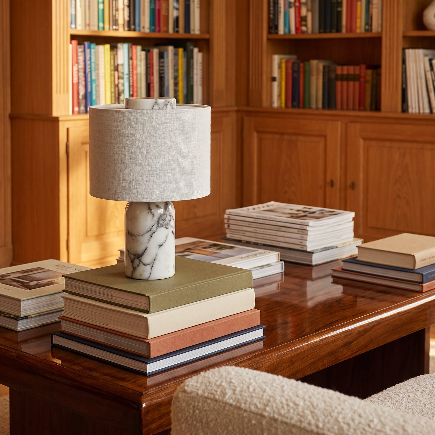 Elegant Cordless Marble Table Lamp with Linen Shade