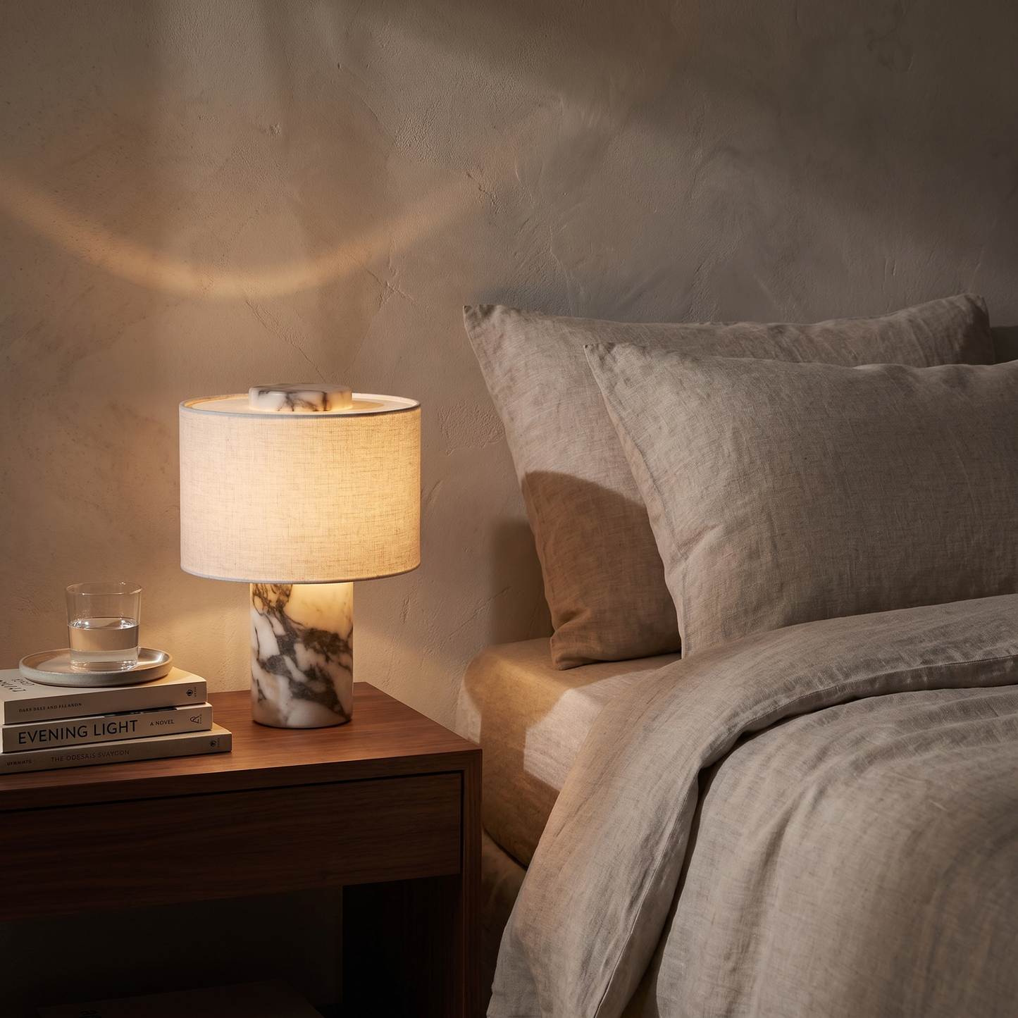 Elegant Cordless Marble Table Lamp with Linen Shade