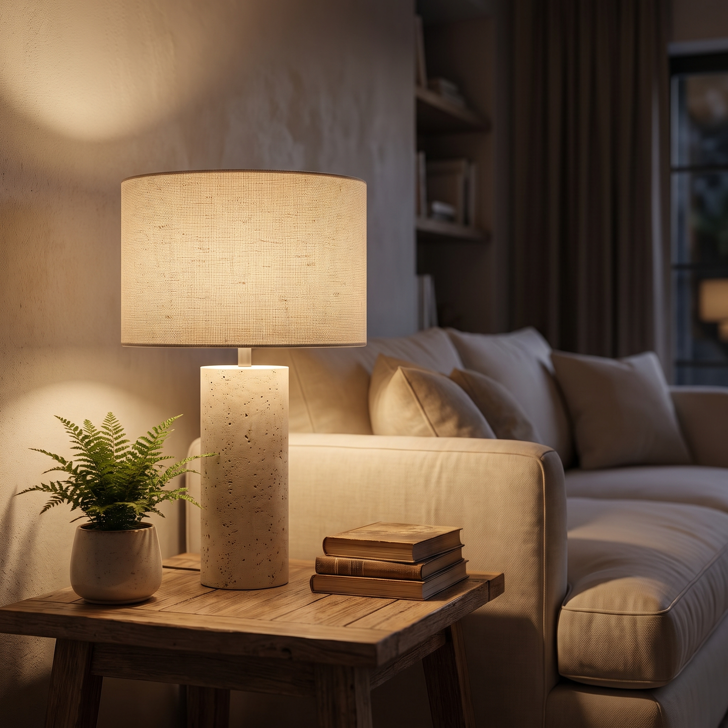 TravertineGlow | Elegant Warm Light Bedside Table Lamp with Drum Shade
