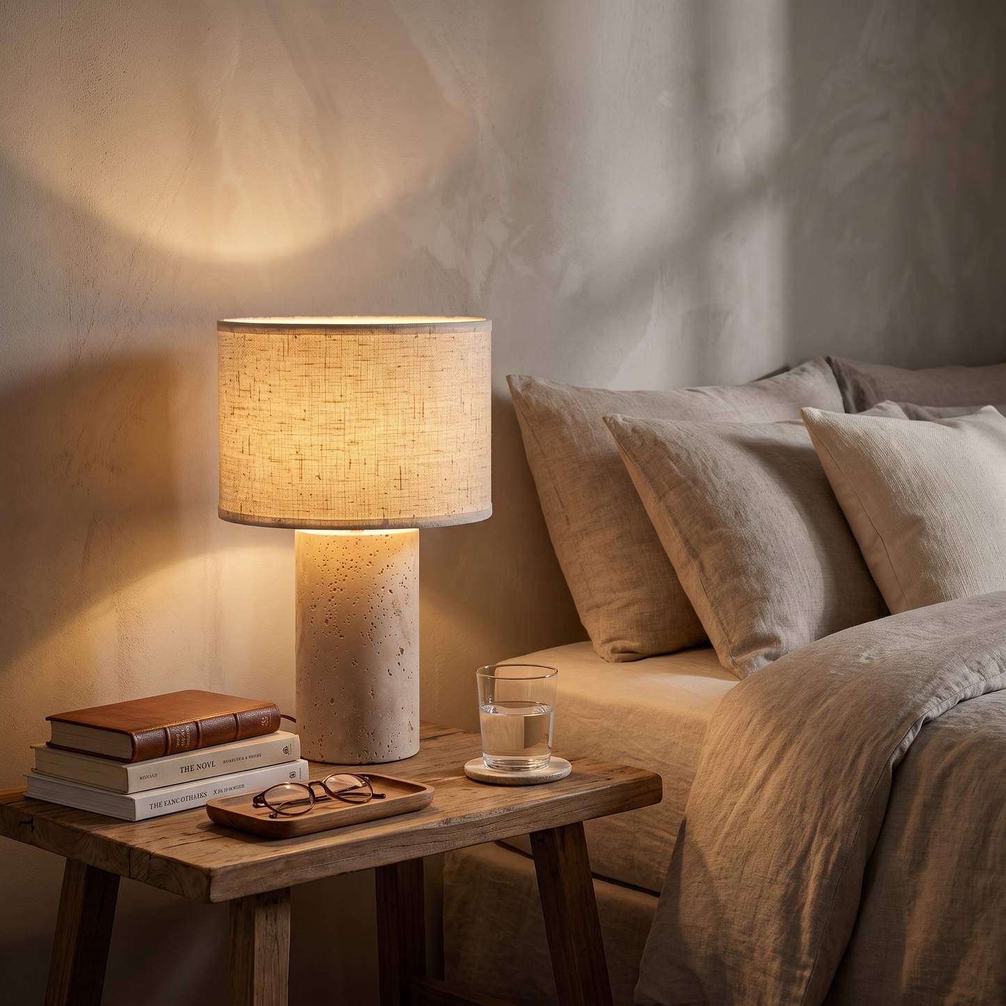 TravertineGlow | Elegant Warm Light Bedside Table Lamp with Drum Shade
