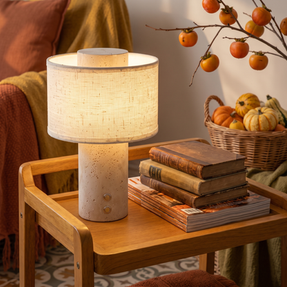 TravertineGlow | Elegant Warm Light Bedside Table Lamp with Drum Shade